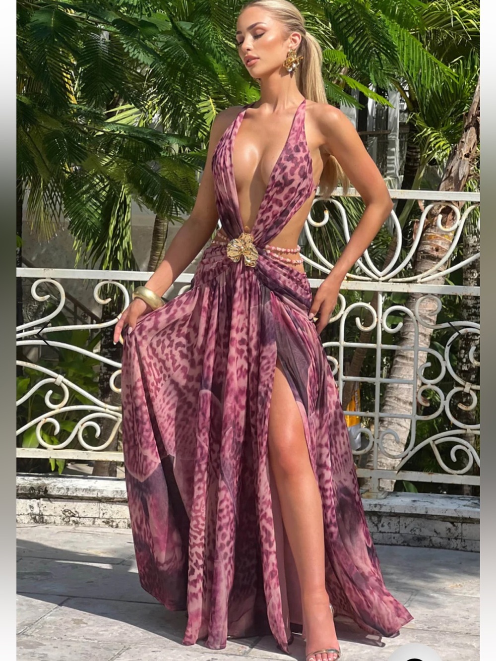 Babyboo Indianna Cutout Maxi Dress in Magenta Orchid Print XXL New